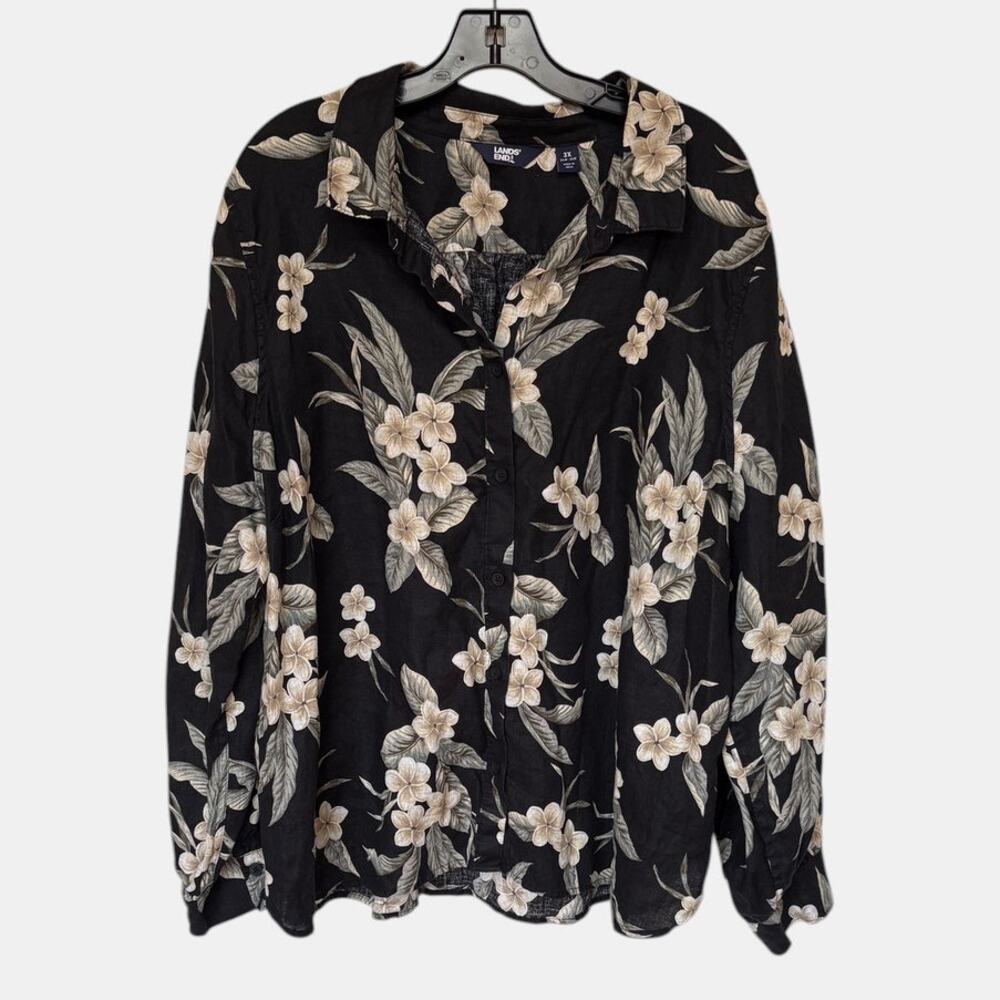Lands End Tropical Floral Button Up Linen Blouse White Gardenias on Black sz 3X